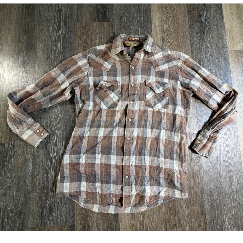 Big Mac Western Flannel Shirt Mens MT Brown Plaid Snap Front Tall Man